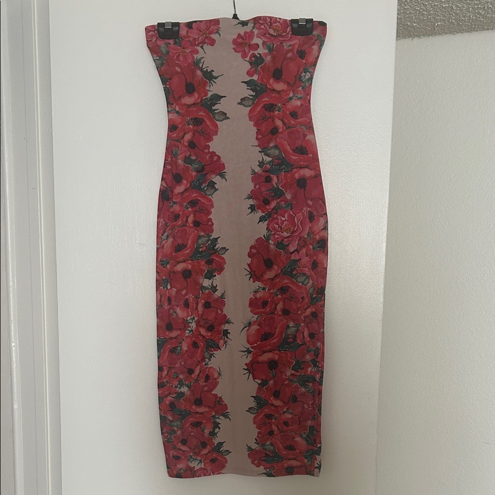 Floral Strapless Dress - Red and Black